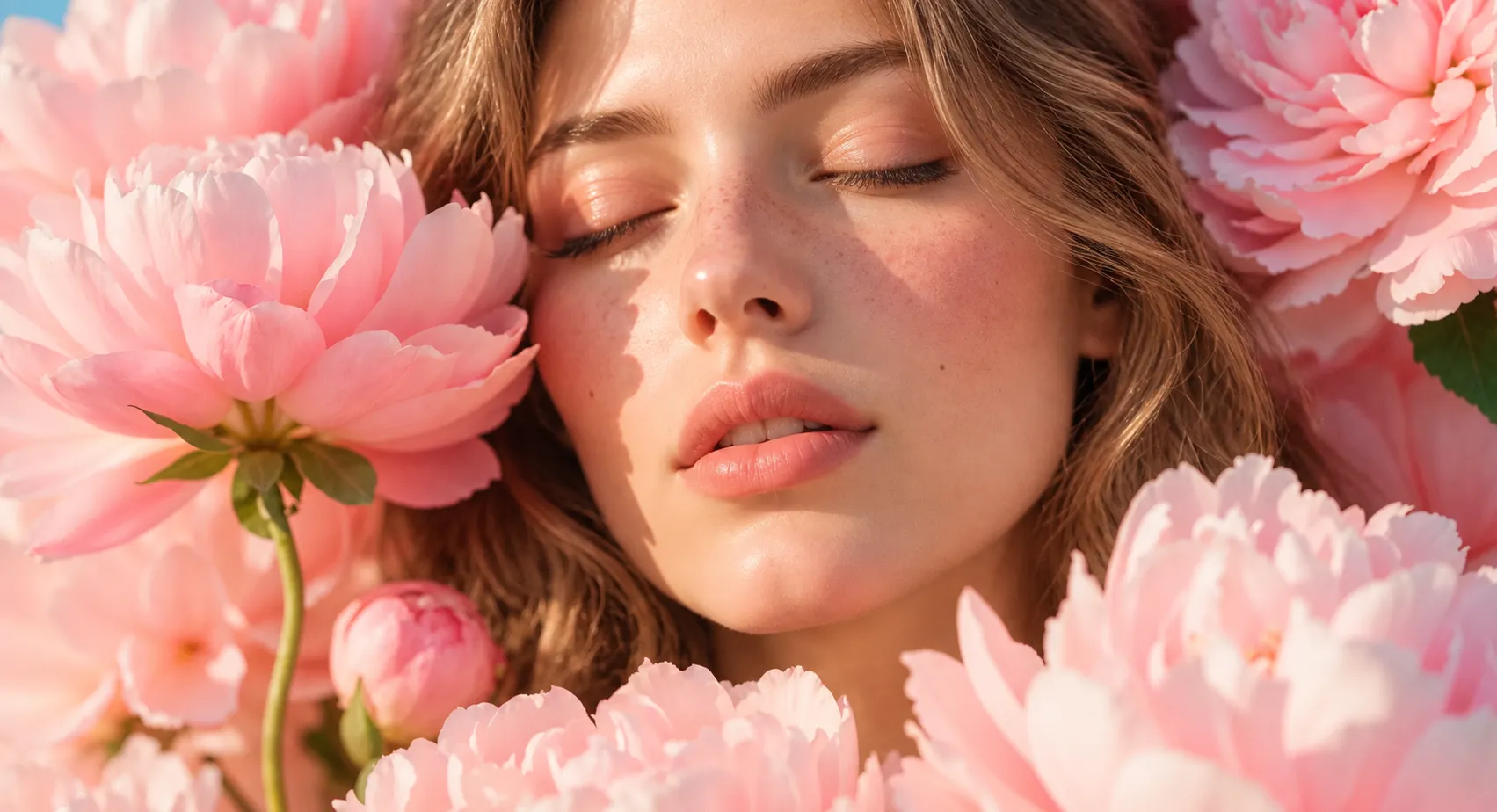 Woman with eyes closed and freckled skin, framed by soft pink peonies in warm sunlight